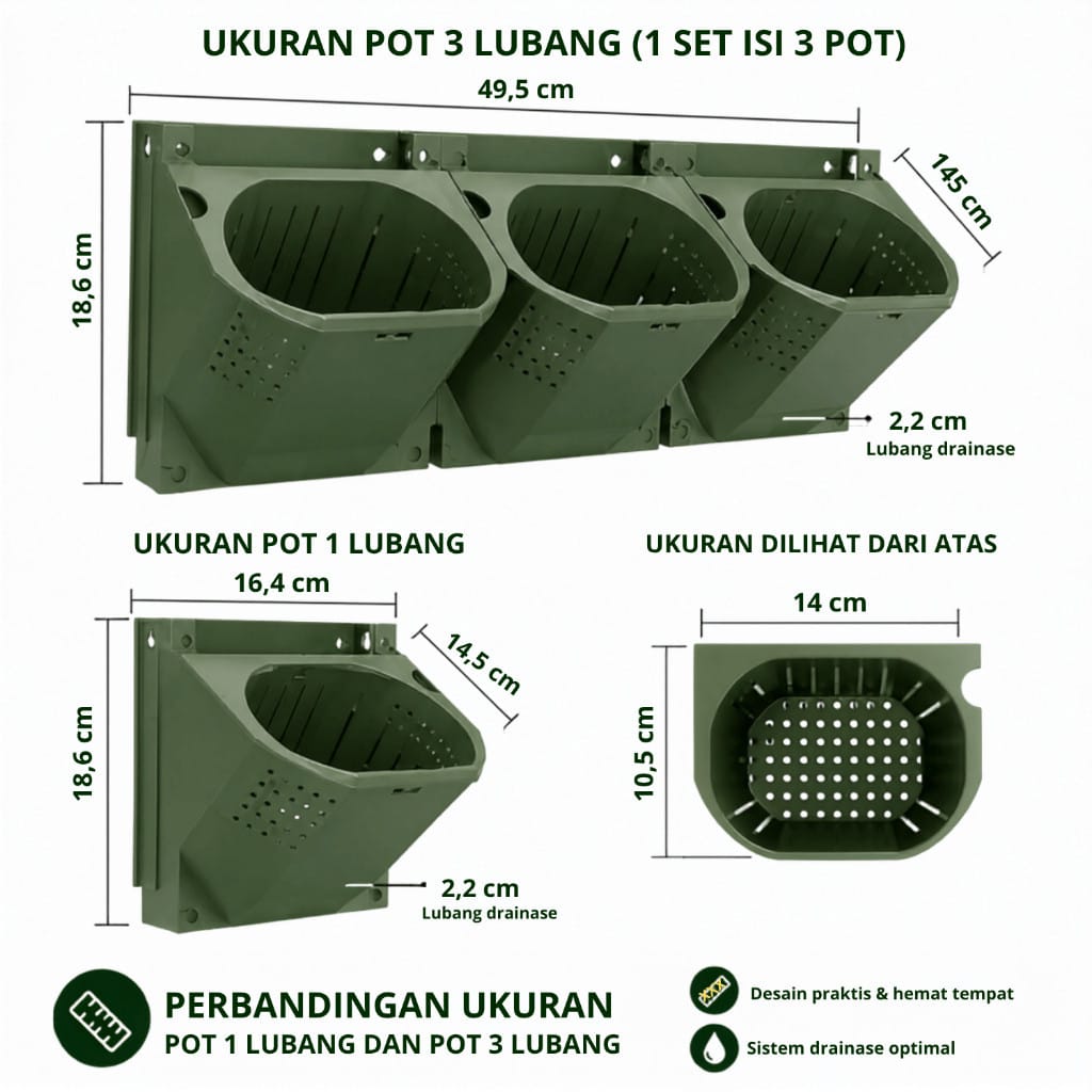 Pot Dinding 3 Lubang Tanaman Hias dan Herbal Teknik Agroponik Verikal Garden - Gambar 2