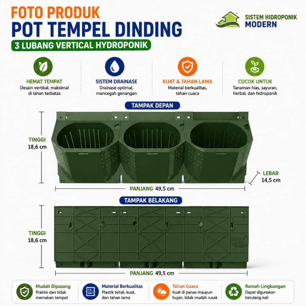 Pot Dinding 3 Lubang Tanaman Hias dan Herbal Teknik Agroponik Verikal Garden - Gambar 4