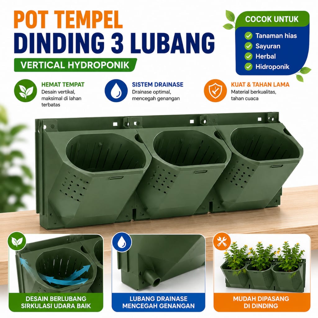 Pot Dinding 3 Lubang Tanaman Hias dan Herbal Teknik Agroponik Verikal Garden - Gambar 5