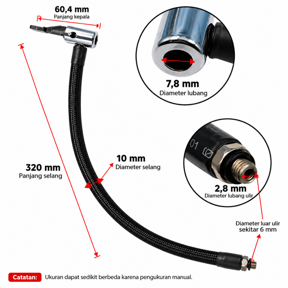 Selang Pompa Angin Ban Mobil Motor Inflator Fleksibel dengan Kepala Klip dan Ulir 6mm Panjang 32cm - Gambar 2