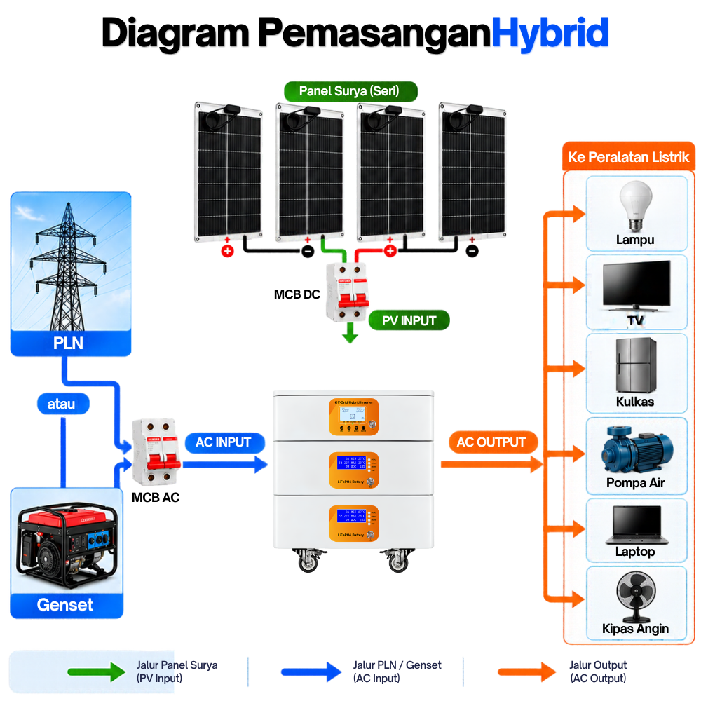 Paket PLTS Hybrid Inverter 24V 3600W Baterai LiFePO4 3.84kWh 7.68kWh dengan Panel Surya - Gambar 3