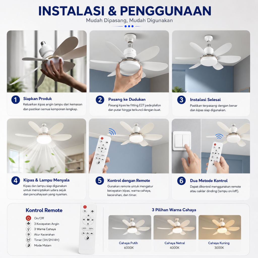 Kipas Angin Lampu Plafon LED Remote Control 30W 40W Fitting E27 Terbaik - Gambar 4