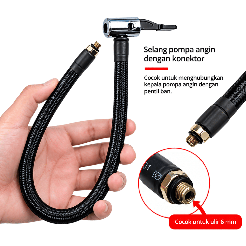 Selang Pompa Angin Ban Mobil Motor Inflator Fleksibel dengan Kepala Klip dan Ulir 6mm Panjang 32cm - Gambar 4