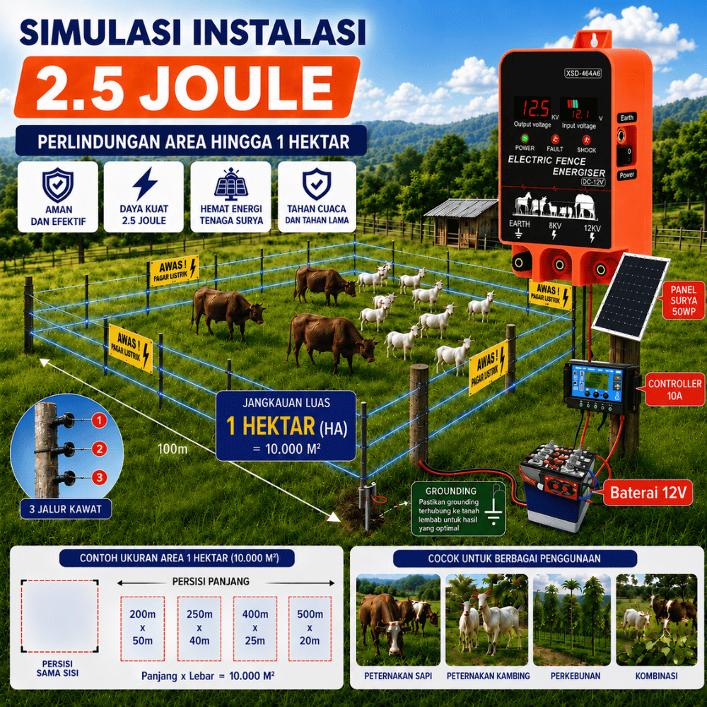 Pagar Listrik 2.5 Joule 1 Hektar 3 Line Kawat Polytwire untuk Kebun Paket Lengkap - Gambar 3