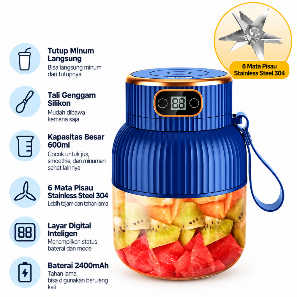Blender Portable Juicer 600ml 2400mAh 10 Mata Pisau Stainless Steel - Gambar 3