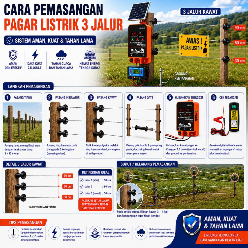 Pagar Listrik 2.5 Joule 1 Hektar 3 Line Kawat Polytwire untuk Kebun Paket Lengkap - Gambar 4