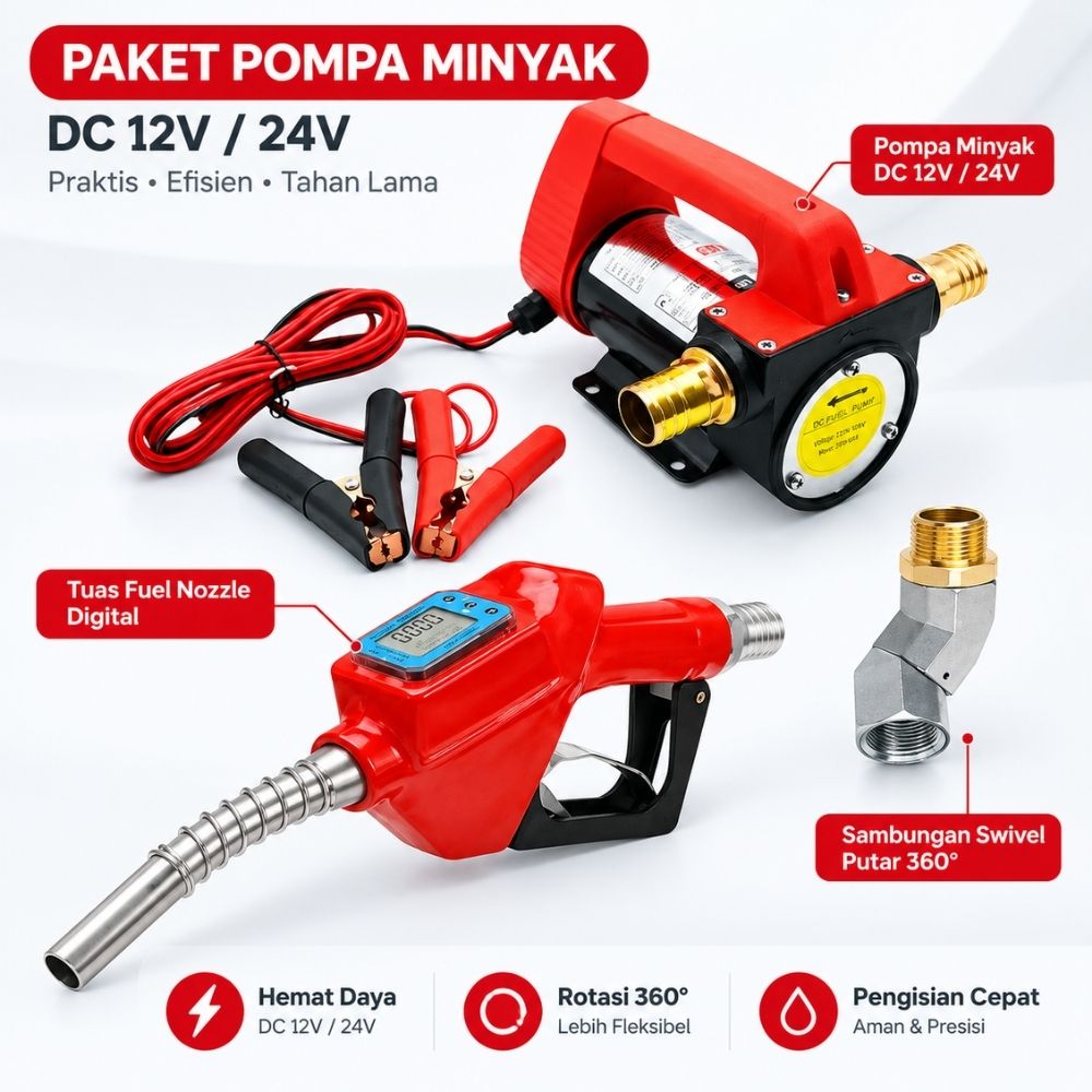 Pompa Transfer Minyak Solar AC DC Paket Pompa Minyak Oli Fuel Nozzle Flowmeter Digital